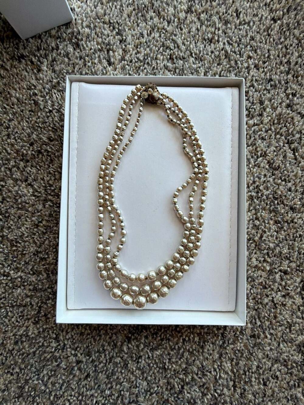 Miriam Haskell Vintage Triple Strand Pearl Necklace with Floral Clasp (#J-053)